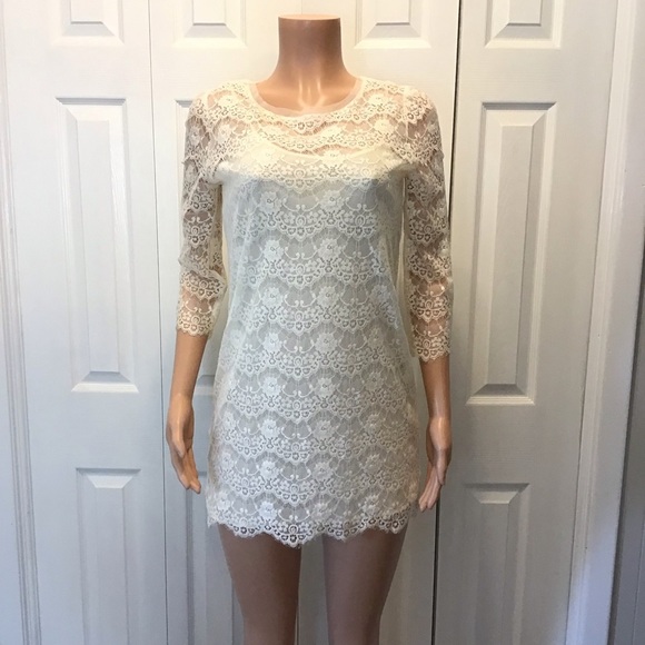 Forever 21 Juniors Ivory Lace 3/4 Sleeve Sheath Mini Dress Size Small - Picture 1 of 6